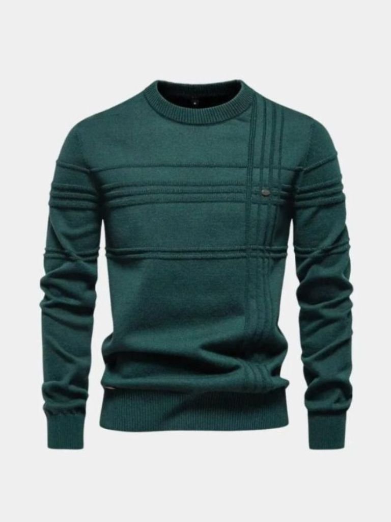 Cotton Knitted Stripped Crew Neck Pullover Sweater - Cross & Crown
