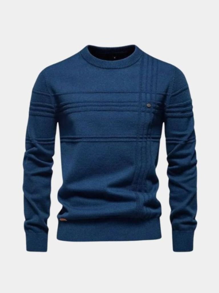 Cotton Knitted Stripped Crew Neck Pullover Sweater - Cross & Crown