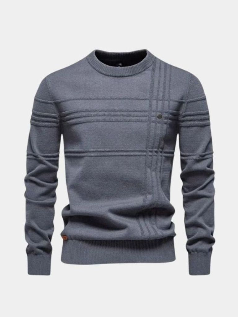 Cotton Knitted Stripped Crew Neck Pullover Sweater - Cross & Crown