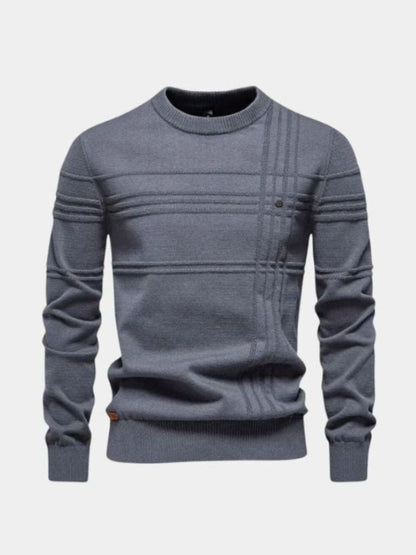 Cotton Knitted Stripped Crew Neck Pullover Sweater - Cross & Crown
